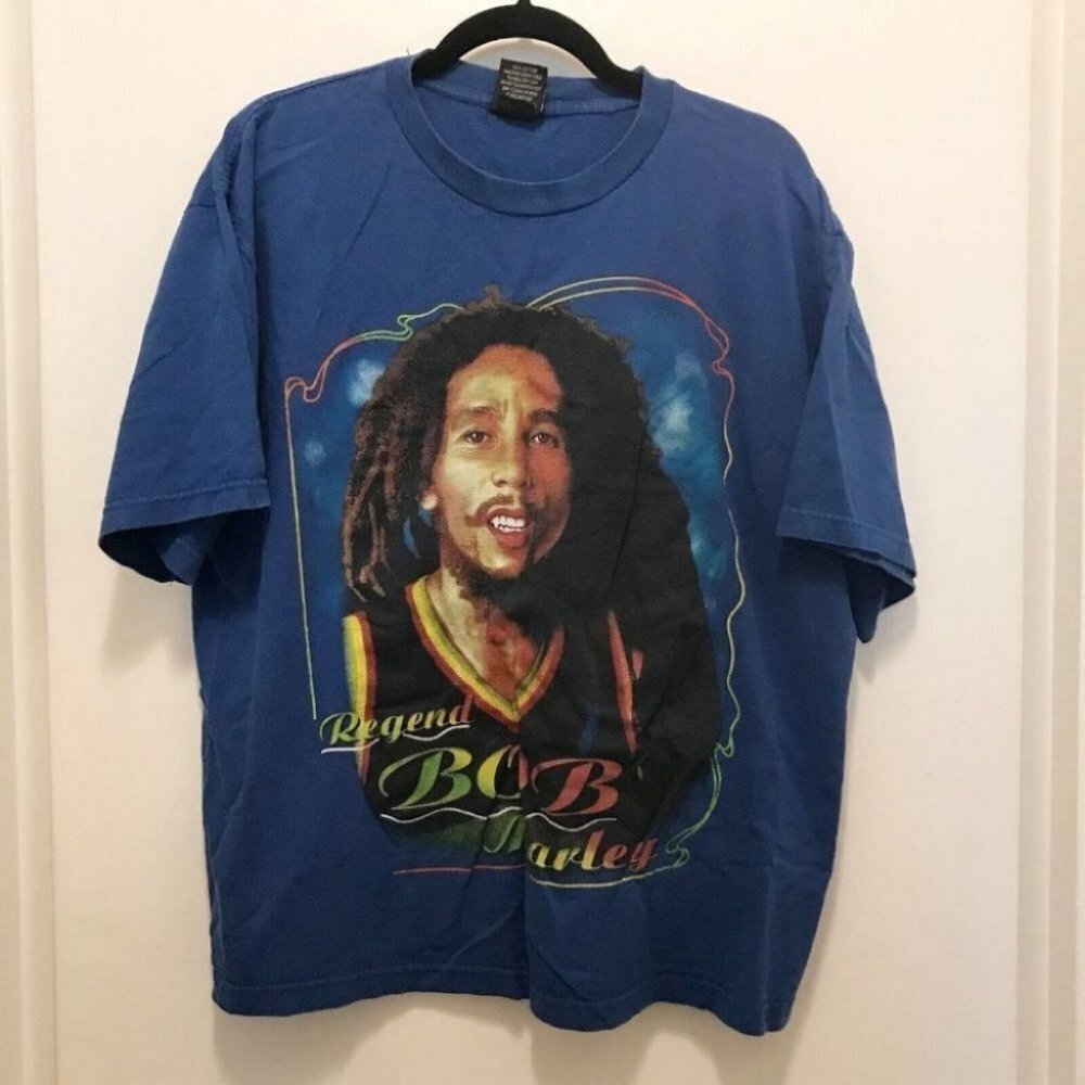 Vintage Bob Marley Double Sided Rap Tee Shirt Size XL Blue Bai Bon